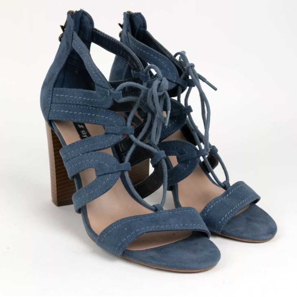 PARKER & Sky SUEDE Blue Butterfly Sandals Gladiator Block High Heels 7.5